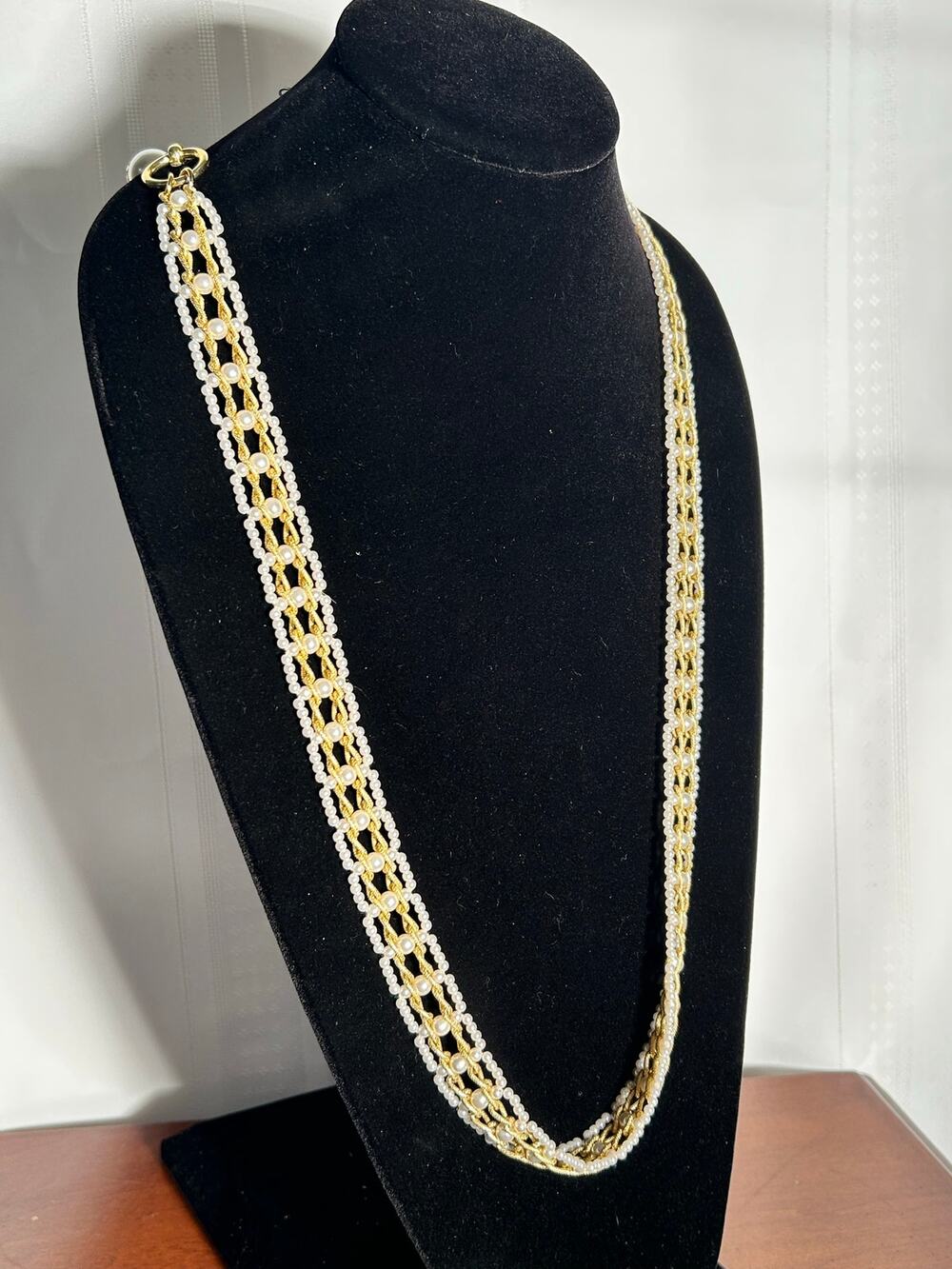 Vintage Gold Tone Faux Pearl Braided Ribbon Necklace